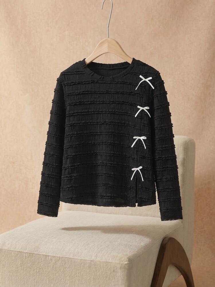 Elaquor Plus Size French Style Versatile Bow Decor Textured Long Sleeve T-Shirt - Black - View 1