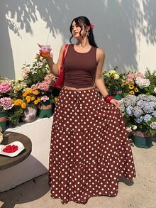 GalTyme 2件套大尺碼女款波點夏季波希米亞風絲滑海灘度假早午餐套裝，無袖背心上衣與長裙，春季音樂節狂歡穿搭 - 彩色 - 查看 8