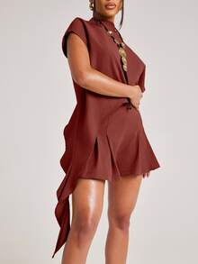 NYA SZN Top High Mock Neck Blouse Short Sleeve High Low Hemline T Shirt Brunch Night Out Casual Unique Bridal Shower Maroon Elegant Chic Summer Fall Winter - Rust Brown - View 4