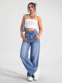 SHEIN ICON 大尺碼高腰寬腿牛仔褲 - 深色水洗藍 - 查看 3