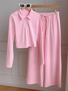 Comfortcana Contrast Striped Print Polo Collar Long Sleeve Top & Knot Front Pants Set - Pink - View 6