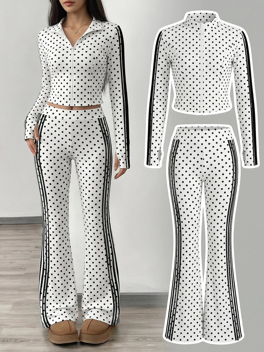 SHEIN Tween Girl 1pc Polka Dot Contrast Side Seam Mock Neck Jacket & 1pc Flare Leg Pants - White - View 1