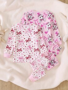 SHEIN 女嬰 2套裝卡通兔子蝴蝶結愛心印花領邊上衣與長褲睡衣套裝 - 粉色 - 查看 2
