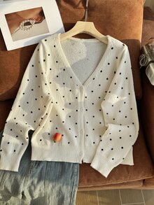 Comfortcana Plus Size Autumn Casual Polka Dot Print Cardigan - Black and White - View 6