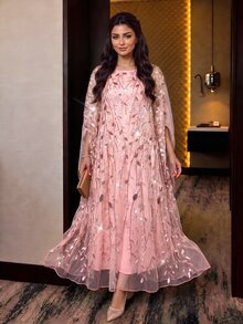 SHEIN Lady 女款優雅粉色亮片透視網紗V領洋裝，適合秋冬萬聖節、聖誕節、新年派對、婚禮、外出、生日、夜店、舞會 - 粉色 - 查看 7