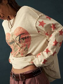 Bohemela Mermaid Star & Letter Graphic Drop Shoulder Oversize Tee - Apricot - View 3
