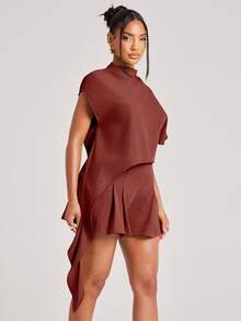 NYA SZN Top High Mock Neck Blouse Short Sleeve High Low Hemline T Shirt Brunch Night Out Casual Unique Bridal Shower Maroon Elegant Chic Summer Fall Winter - Rust Brown - View 1