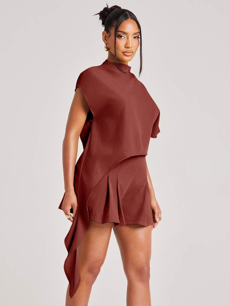 NYA SZN Top High Mock Neck Blouse Short Sleeve High Low Hemline T Shirt Brunch Night Out Casual Unique Bridal Shower Maroon Elegant Chic Summer Fall Winter - Rust Brown - View 1