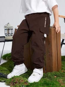 Young Boy Graphic Flap Pocket Side Drawstring Waist Cargo Pants - Brown - View 5