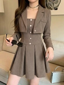 DAZY Fitted Waist Cami Dress Button Front Jacket Autumn Everyday School Brown Preppy Elegant - Brown - View 8