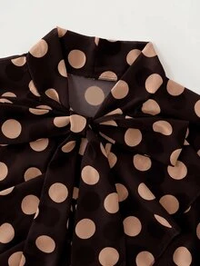 RosyDaze Blus Chiffon Lengan Lentera dengan Kerah Ikat Motif Polkadot - Coffee Brown - View 3