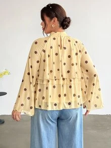 Firerie Plus Dot Allover Print Ruffle Trim Flounce Sleeve Blouse Fall - Yellow - View 3