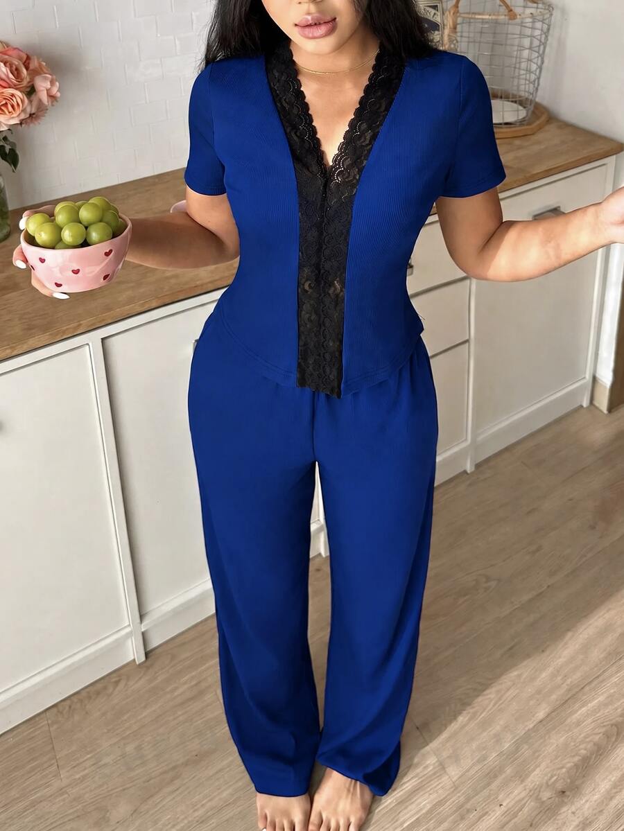 SweetSlumber Contrast Lace Top & Pants PJ Set - Blue - View 1