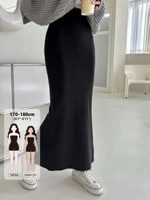 Dazy Tall Solid Mermaid Hem Knit Skirt Fall - Black - View 1