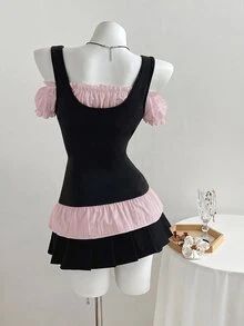 Elamini เสื้อยืด 2 in 1 แต่งสีบล็อก ชายระบาย ติดกระดุมด้านหน้า - สีชมพู - ดู 2