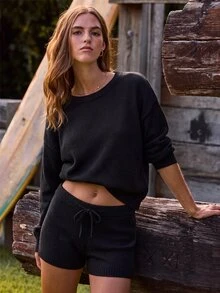 Aralina Drop Shoulder Sweater & Drawstring Waist Knit Shorts - Black - View 6