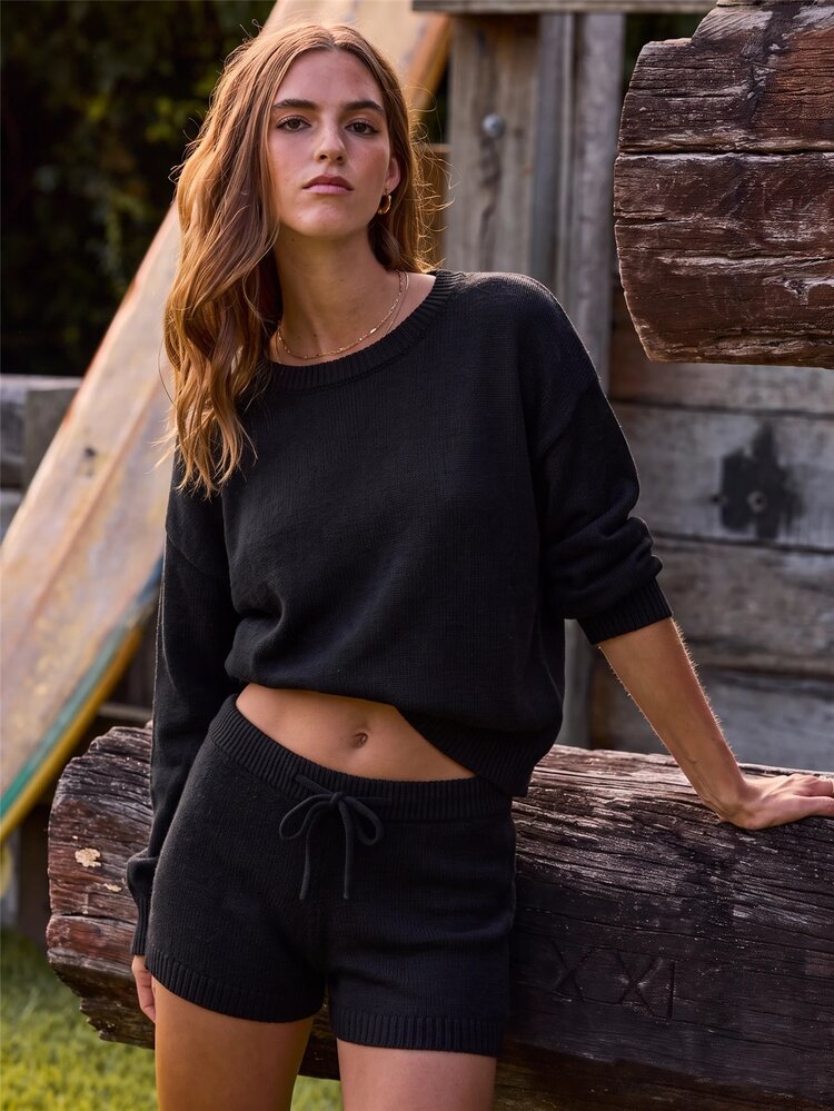 Aralina Drop Shoulder Sweater & Drawstring Waist Knit Shorts - Black - View 6
