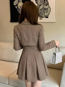DAZY Fitted Waist Cami Dress Button Front Jacket Autumn Everyday School Brown Preppy Elegant - Brown - View 5