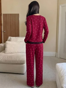 DAZY Floral Print Lace Trim Cami Top & Pants PJ Set - Burgundy - View 2