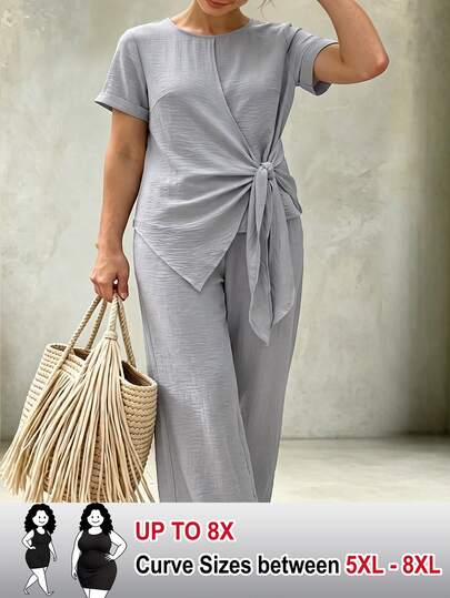 SHEIN CURVE+ Plus Size 2 Pieces Casual Shirt And Pants Set, Fashionable Versatile Design For Vacation, Commute, Date, Home, Soft Fabric, Comfortable, Spring/Summer