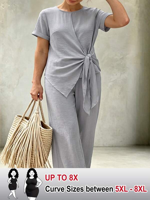 SHEIN CURVE+ Plus Size 2 Pieces Casual Shirt And Pants Set, Fashionable Versatile Design For Vacation, Commute, Date, Home, Soft Fabric, Comfortable, Spring/Summer