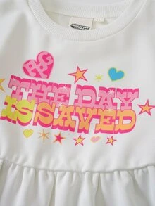 THE POWERPUFF GIRLS X SHEIN Young Girl Cute Cartoon Print Round Neck Long Sleeve Dress - White - View 4