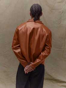 Musero Boxy Fit Leather Long Sleeve Cropped Hidden Placket Leather Jacket  Spring&Summer - Rust Brown - View 3