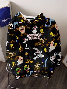 LOONEY TUNES X SHEIN 大尺碼卡通圖案落肩連帽衛衣 - 白色 - 查看 8