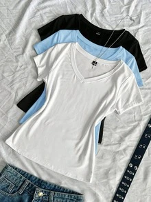 SHEIN EZwear 3 قطع تي شيرت بياقة V وأكمام قصيرة بلون موحد - متعدد الألوان - مشاهدة 1