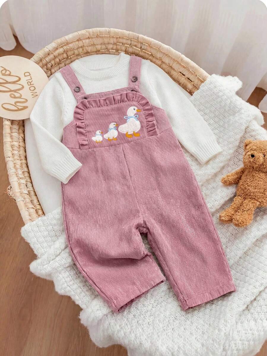 SHEIN 女嬰卡通刺繡荷葉邊燈芯絨吊帶連身褲（不含T恤） - 粉色 - 查看 1