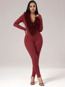 Glyssa Fuzzy Trim Unitard Jumpsuit - Burgundy - View 4