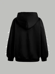 Girlism 青少年女孩對比色蝴蝶結裝飾拉鍊連帽保暖衛衣 - 黑色 - 查看 2