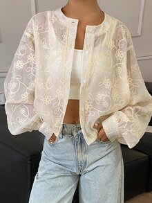 Livesso Tall Women's Round Neck Lace Loose Fit Vacation Style Cardigan - White - View 7
