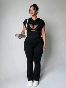 SHEIN Velisys 大尺碼女款純色拼接魚網運動風短袖連帽衛衣健身房黑色夏季可愛風 - 黑色 - 查看 3
