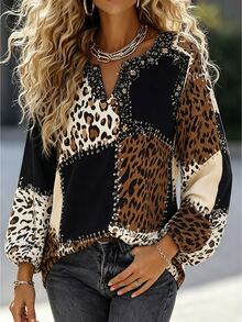 SHEIN Black And White Leopard Print Patchwork Print Colorblock Lantern Sleeve Notch Neck Top Night Out Autumn Casual - Multicolor - View 3