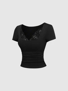 Sweetra Set Kaos dan Celana Panjang Model Lebar Warna Hitam Polos dengan Detail Renda Kontras - Hitam - View 7