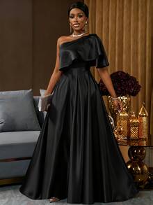 Lunelith SHEIN Lunessa One Shoulder Ruffle Trim Satin Maxi Dress - Black - View 4