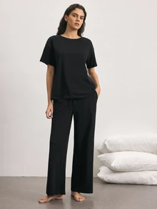 Ocili Solid Drop Shoulder Lounge Tee - Black - View 2