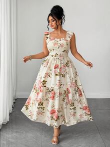 SHEIN Elenzya Plus Beige Ruffle Trim Dress Wedding Brunch Wedding Guest Summer Fairy - Apricot - View 1