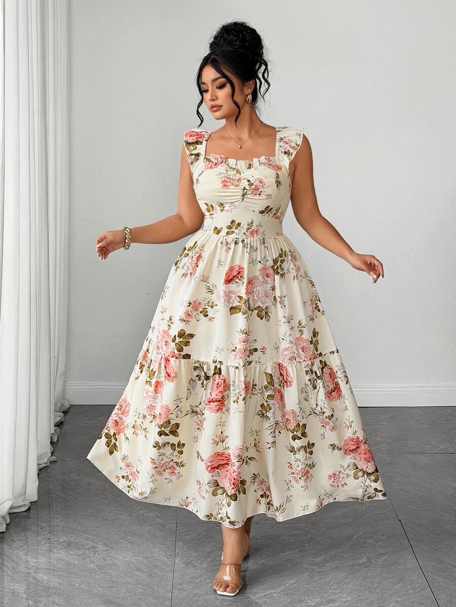 SHEIN Elenzya Plus Beige Ruffle Trim Dress Wedding Brunch Wedding Guest Summer Fairy - Apricot - View 1