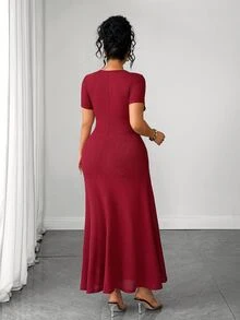 Elenzga Gaun Plus Size Polos dengan Kancing Depan dan Hem Model Duyung, Cocok untuk Sehari-hari, Kantor, Makan Malam, Perjalanan, Warna Burgundy, Musim Gugur, Elegan - Burgundy - View 2