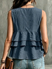 Glimmora Blusa de talla grande con cuello en V y ribete de volantes en capas - Neblina azul - Ver 2
