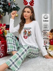 SHEIN طقم بيجامة نسائي كاجوال من قطعتين من القطن بنقشة عيد الميلاد، أكمام طويلة وبنطال طويل - متعدد الألوان - مشاهدة 2