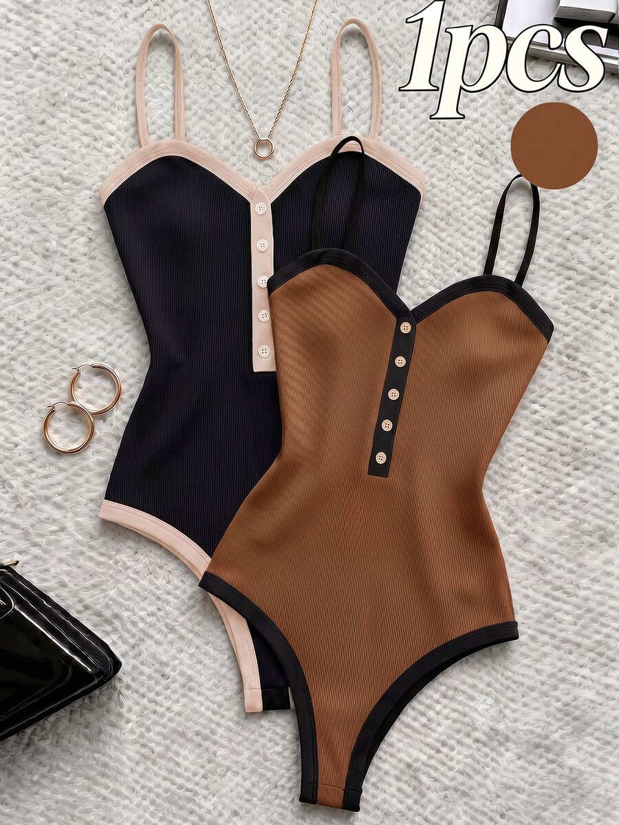 Franclia Camisole Wanita Premium dengan Kancing Depan Warna Kontras, Camisole Gaya Korea Slim Fit Rajut yang Menawan untuk Pakaian Luar - Khaki - View 1