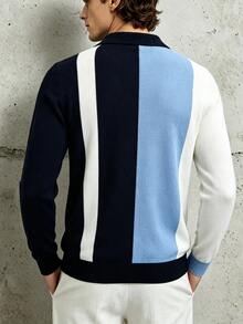 Manfinity Dauomo Men's Striped Long Sleeve Casual Turn Collar Sweater - Blue - View 2