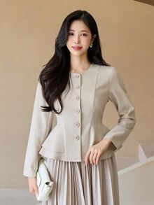 DAZY Women's Solid Color Single-Breasted Ruffle Hem Elegant Blouse Fall - Apricot - View 10