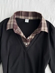 Teen Girl Plaid Print Contrast Collar 2 In 1 Tee - Black - View 4