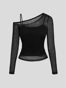 Sweetra 2pcs Asymmetrical Neck Sheer Mesh Top & Cami Top - Black - View 3