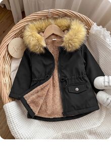SHEIN Baby Girl Teddy Lined Fuzzy Trim Hooded Parka Winter Coat - Black - View 1