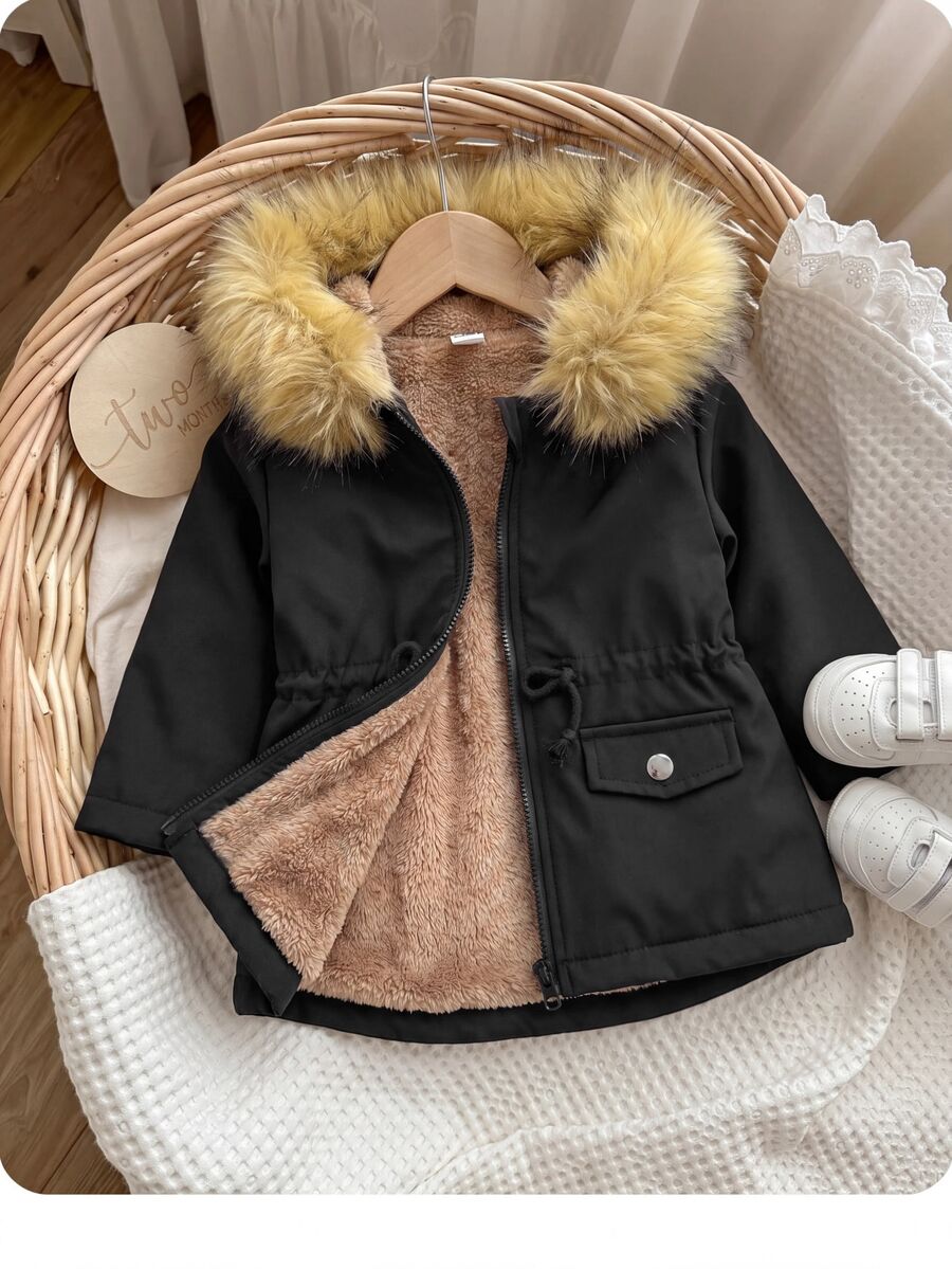 SHEIN Baby Girl Teddy Lined Fuzzy Trim Hooded Parka Winter Coat - Black - View 1